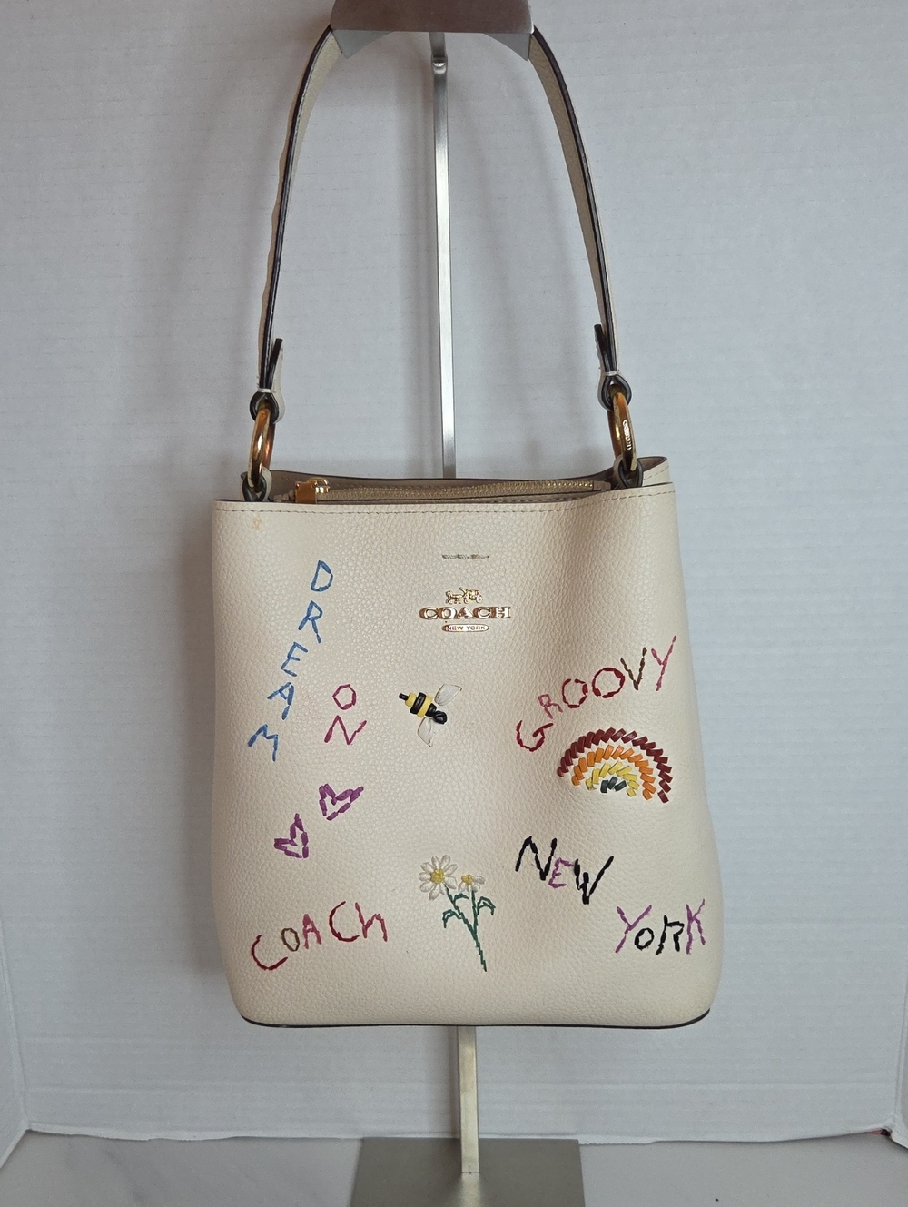 Coach Cream Leather Shoulder Bag with Embroidered Motifs